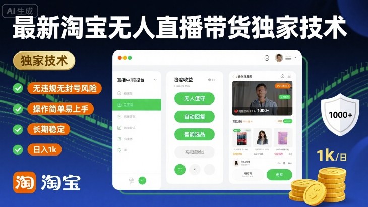 淘宝无人直播带货独家技术：无违规封号风险，简单操作长期稳定日入1k【揭秘】