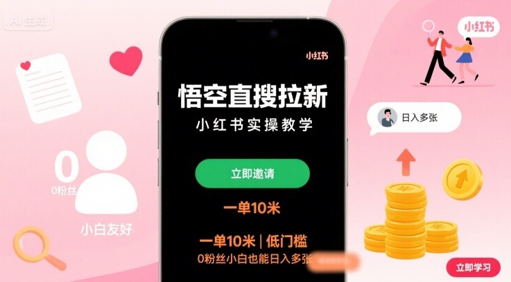 0粉丝小白必看！小红书悟空直搜拉新实操教学，一单10米，低门槛日入多张