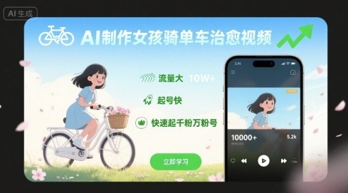 AI女孩骑单车治愈视频：3天起号，7天破万粉，流量密码+起号技巧全公开