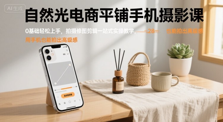 0基础学自然光电商平铺手机摄影：拍摄修图剪辑一站式实操，用手机轻松拍出高级感