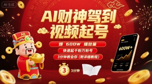 AI财神视频起号：3分钟教会爆600W播放，快速起千粉万粉号（附详细教程）