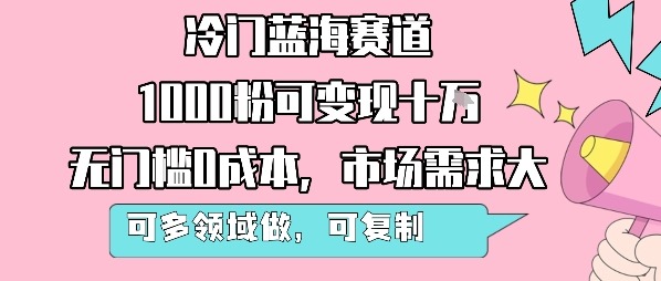 冷门蓝海赛道：1000粉变现10W+，无门槛0成本，需求大多领域可复制