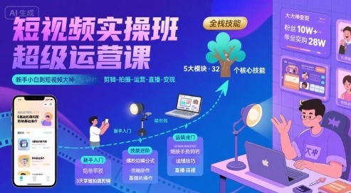 新手小白必学！超级短视频实操运营课：从0到1成为大神，剪辑+拍摄+运营+直播+变现全流程