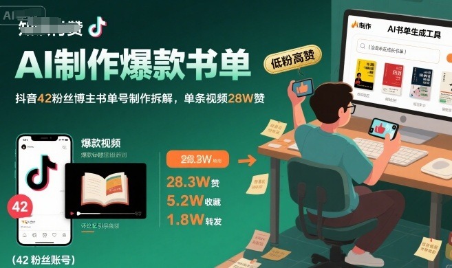 抖音AI书单号爆款密码：42粉博主单条28W赞，从0到1制作全拆解