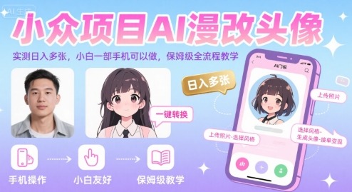 小白必看：AI漫改头像项目，一部手机做，日入多单，保姆级全流程教学