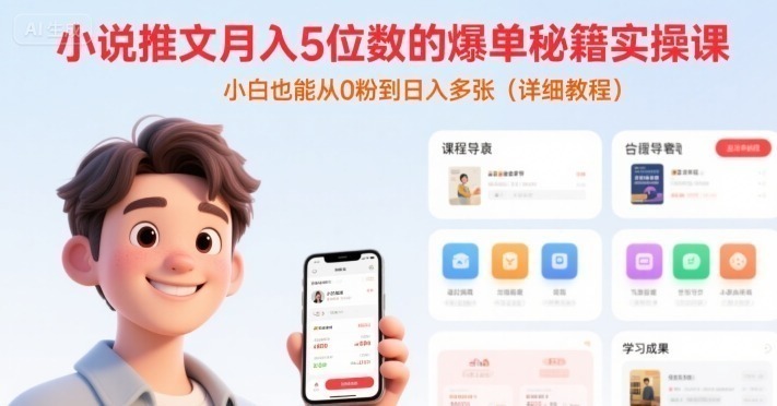 小说推文月入5位数爆单秘籍：小白实操课从0粉到日入多张详细教程
