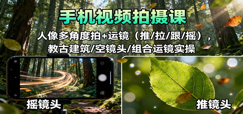 手机视频拍摄课：人像多角度拍法+推拉跟摇运镜技巧，古建筑空镜头/组合运镜实操全攻略