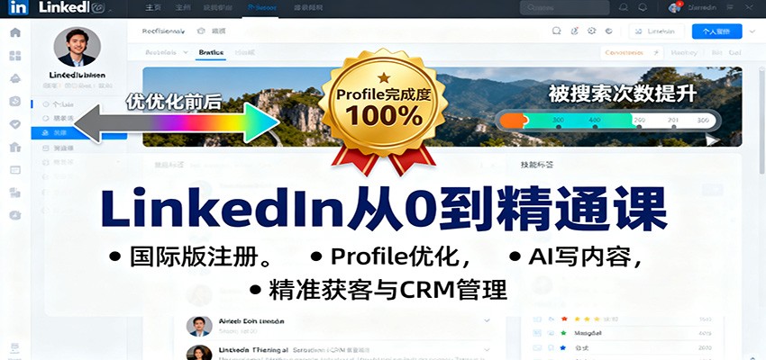 LinkedIn零基础精通课：国际版注册+Profile优化+AI内容创作+精准获客+CRM实战