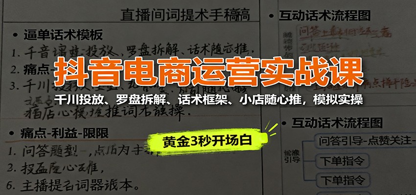 抖音电商运营实战课：千川投放+罗盘拆解+话术框架+小店随心推，模拟实操全流程教学