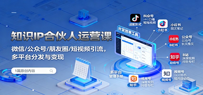 知识IP合伙人运营课：微信/公众号/朋友圈/短视频引流实操，多平台分发与变现全攻略