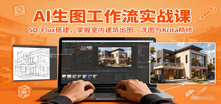 AI生图工作流实战课：SD/Flux搭建室内建筑出图，洗图与Krita精修全掌握