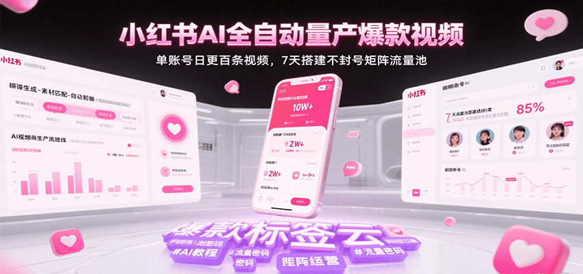小红书AI全自动量产爆款视频：单账号日更百条，7天搭建不封号矩阵流量池（更新）