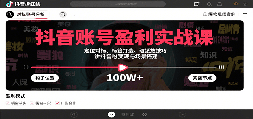 抖音账号盈利实战课：定位对标、标签打造、破播放技巧，涨粉变现与场景搭建全攻略