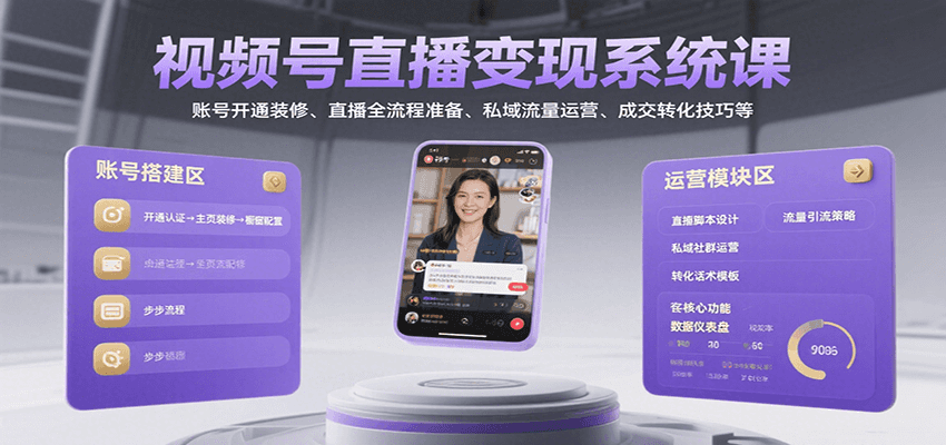 视频号直播变现系统课：账号装修、直播全流程、私域运营与成交转化技巧