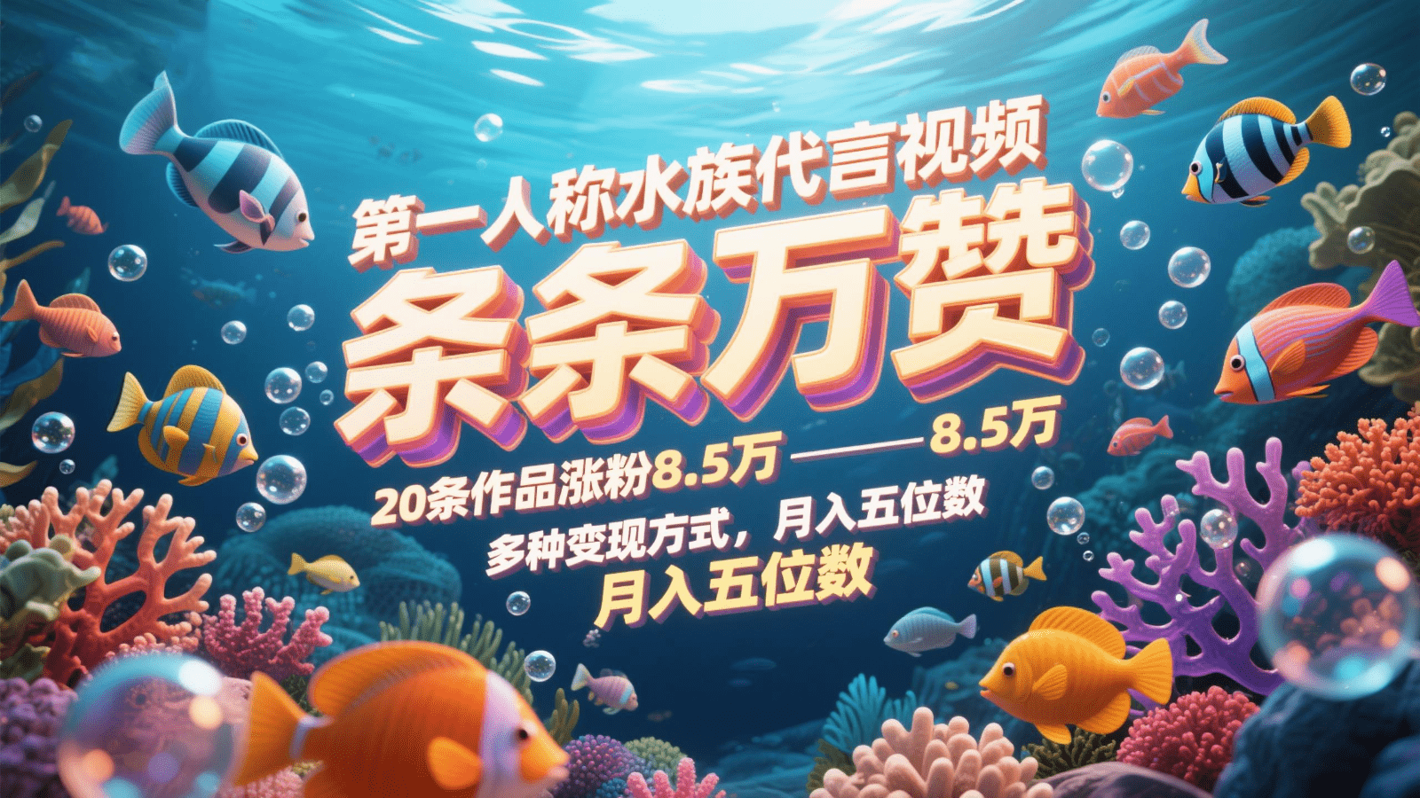 第一人称水族视频：条条万赞，20条作品涨粉8.5万，多种变现方式月入五位数