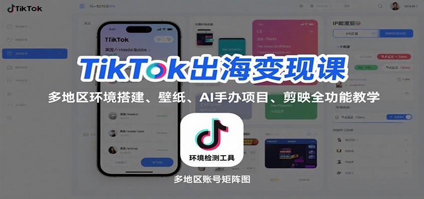 TikTok出海变现课：多地区环境搭建、壁纸/AI手办热门项目、剪映全功能教学详解