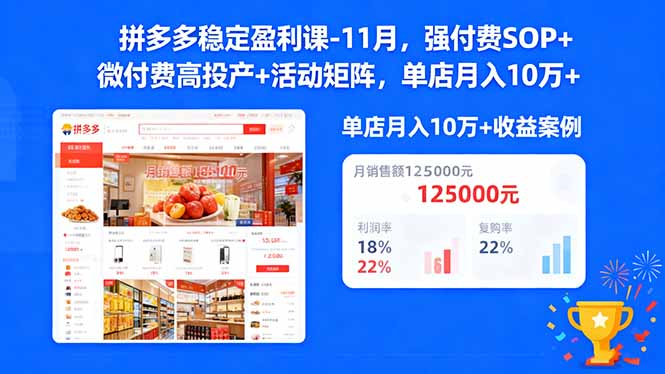 拼多多稳定盈利课11月：强付费SOP+微付费高投产+活动矩阵，单店月入10万+