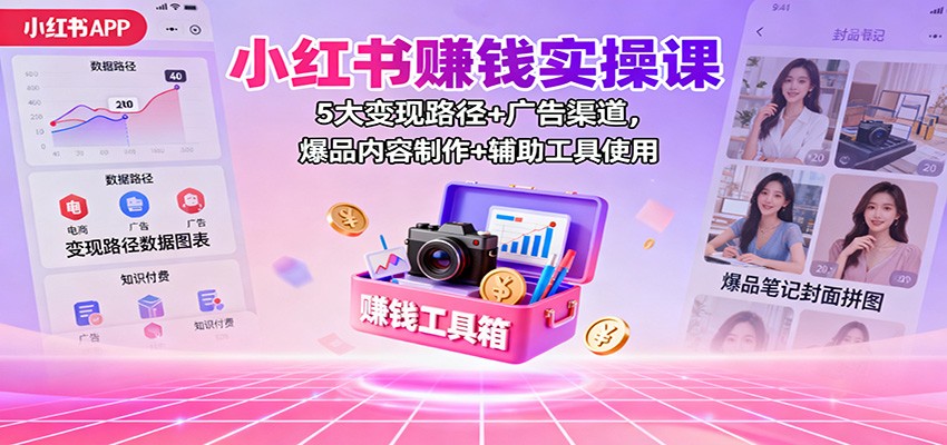 小红书赚钱实操课：5大变现路径+广告渠道全攻略，从0到1学爆品内容制作+辅助工具使用