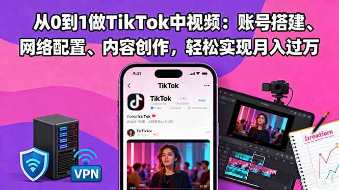 从0到1做TikTok中视频：新手账号搭建+网络配置+内容创作全攻略，轻松月入过万