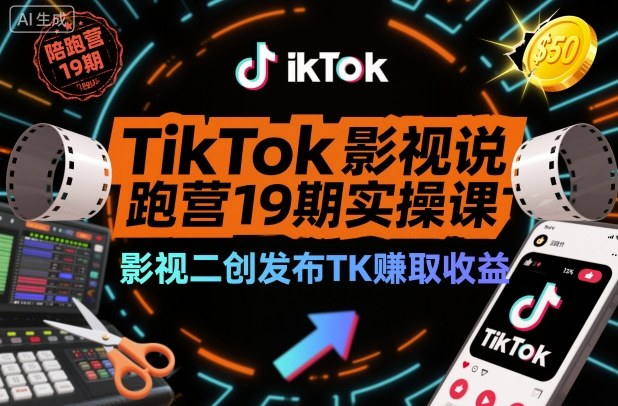 19期TikTok影视解说陪跑营实操课：影视二创发布TK，万播收益50美金