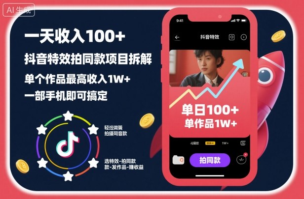 抖音特效拍同款项目拆解：一部手机日入100+，单个作品最高1W+，新手也能轻松上手