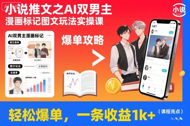 小说推文AI双男主漫画标记图文实操课：轻松爆单技巧，单条收益1k+