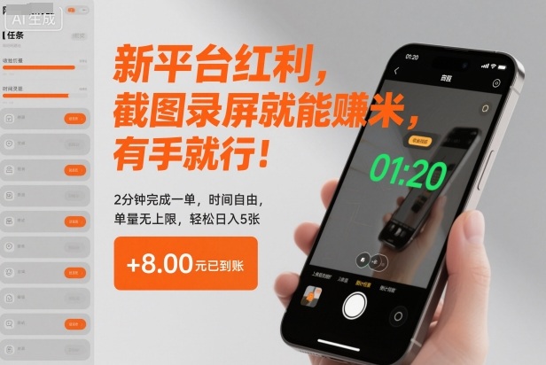新平台红利：截图录屏赚钱零门槛，2分钟一单时间自由，单量无上限轻松日入5张【揭秘】