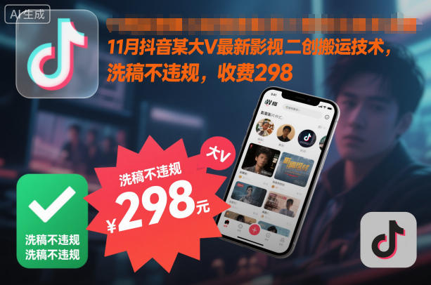 11月抖音大V最新影视二创搬运技术：合规洗稿不违规，298元高效教程
