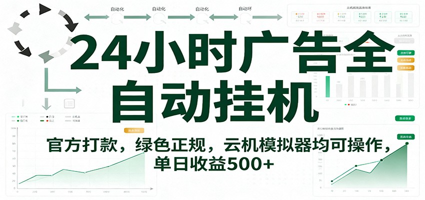 24小时广告全自动挂机：官方打款绿色正规，云机模拟器均可操作，单日收益500+