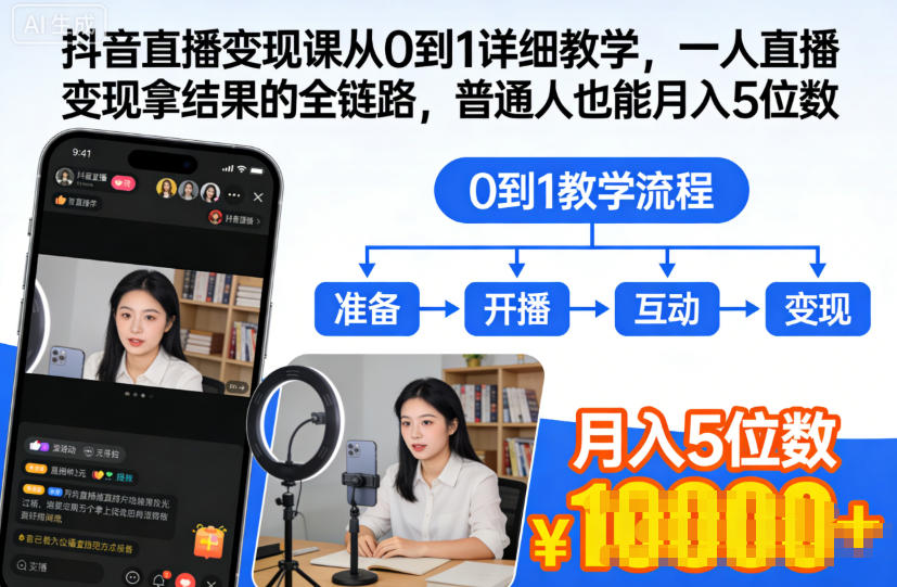 抖音直播变现课：普通人从0到1全链路详细教学，一人直播轻松月入5位数