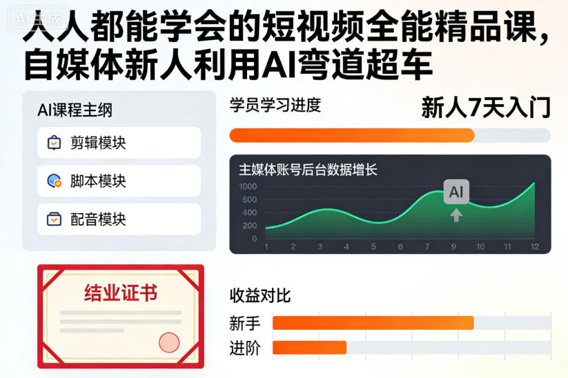 短视频全能精品课：自媒体新人AI弯道超车指南，人人都能学会