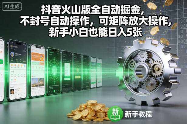 抖音火山版全自动掘金：不封号自动操作+矩阵放大，新手小白日入5张实战揭秘