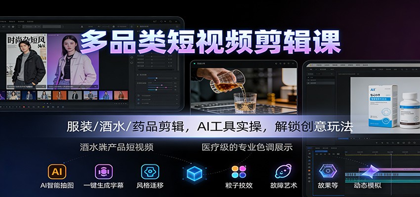 短视频剪辑课：服装/酒水/药品多品类剪辑，AI工具实操教学，解锁创意新玩法