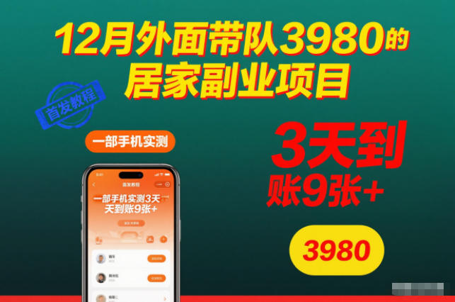 12月居家副业：一部手机实测3天到账9000+，3980带教项目首发教程【揭秘】