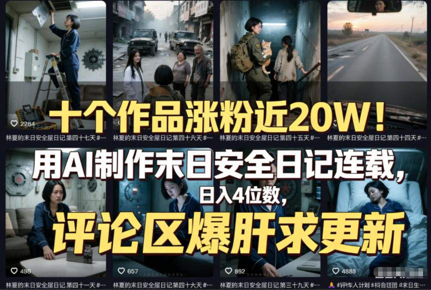 AI制作末日安全日记连载：10作品暴涨20W粉，日入4位数！评论区催更疯求保姆级教程（附详细步骤）