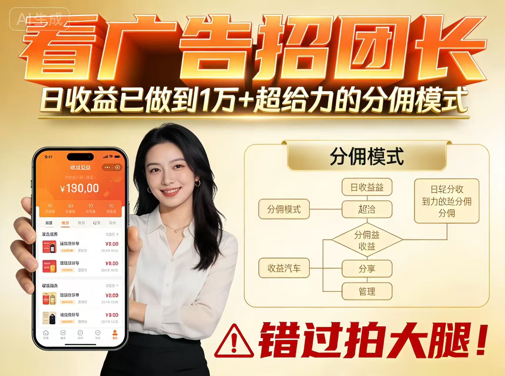 招团长！团队收益日入1万，分佣模式超给力，错过拍大腿