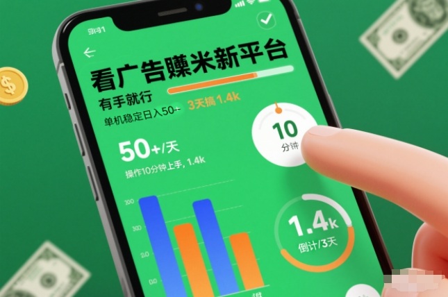 看广告赚钱新平台：单机稳定日入50+，3天狂揽1.4k！小白10分钟上手，揭秘真实玩法