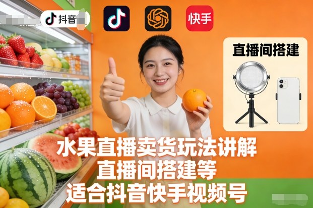 水果直播卖货玩法+直播间搭建：抖音快手视频号从0到1运营全攻略