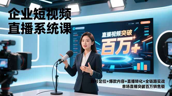 企业短视频直播系统实战课：账号定位+爆款内容+直播转化+全链路，单场直播突破百万销售额