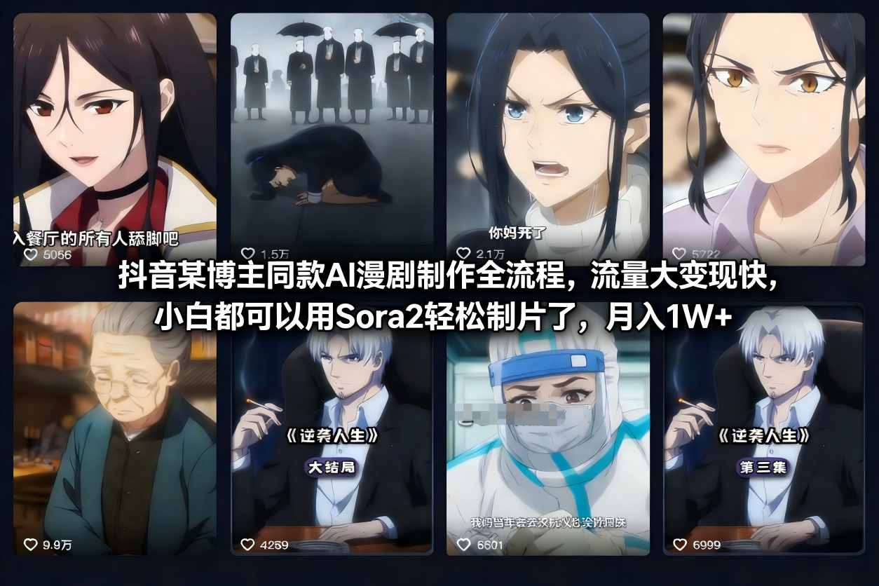 抖音博主同款Sora2 AI漫剧制作全流程：小白轻松制片，流量变现快，月入1W+