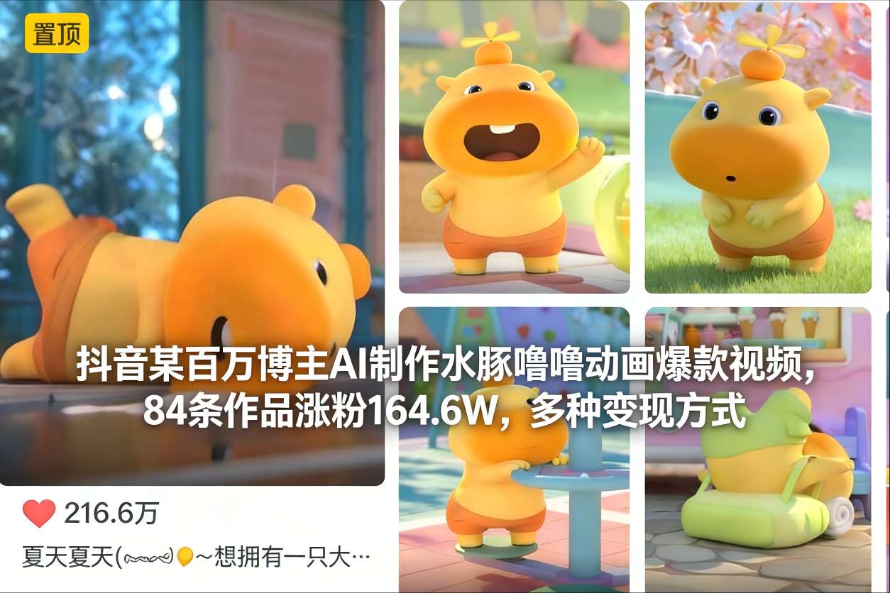抖音百万博主AI制作水豚噜噜动画爆款：84条作品涨粉164.6W，多种变现方式全解析
