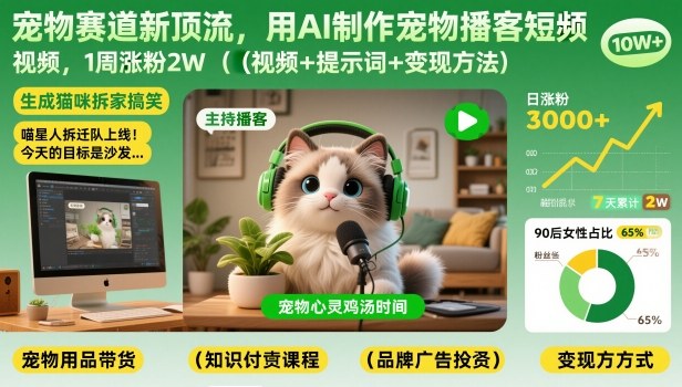 宠物赛道新顶流！AI制作宠物播客短视频，1周暴涨2W粉（附视频教程+提示词+变现攻略）