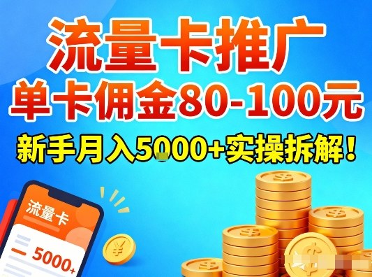新手必看：流量卡推广单卡佣金80-100，月入5k+保姆级实操拆解！