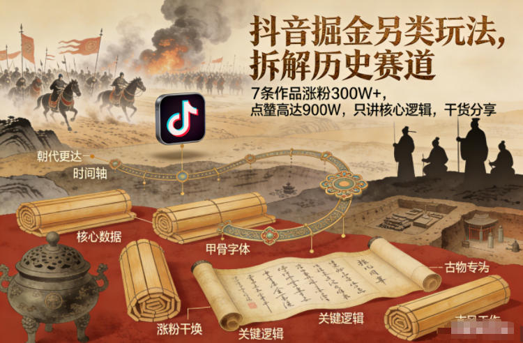 抖音掘金：历史赛道另类玩法拆解！7条作品涨粉300W+、点赞900W+，核心逻辑干货分享