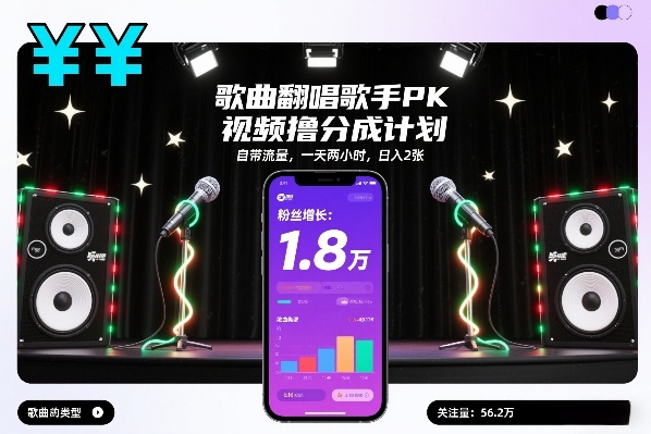 日入2张！歌曲翻唱歌手PK视频分成计划：自带流量+一天两小时，新手实操指南