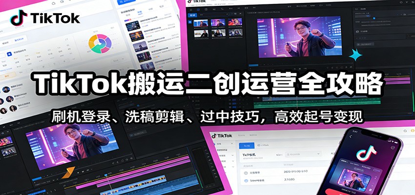 TikTok搬运二创运营全攻略：刷机登录、洗稿剪辑、过审技巧，高效起号变现方法