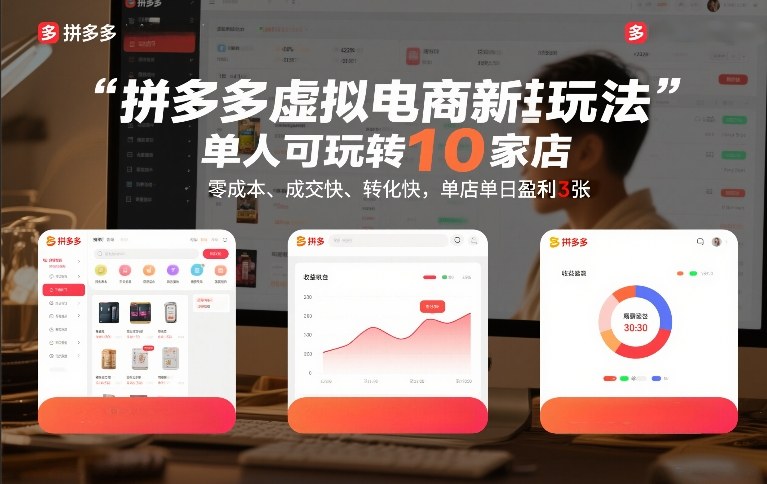 拼多多虚拟电商新玩法：单人实操10家店零成本，成交转化快，单店日赚300+揭秘