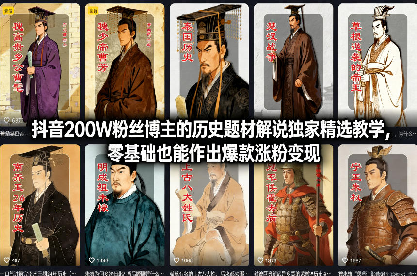 抖音200W粉博主历史题材独家解说教学：零基础学爆款涨粉变现秘籍