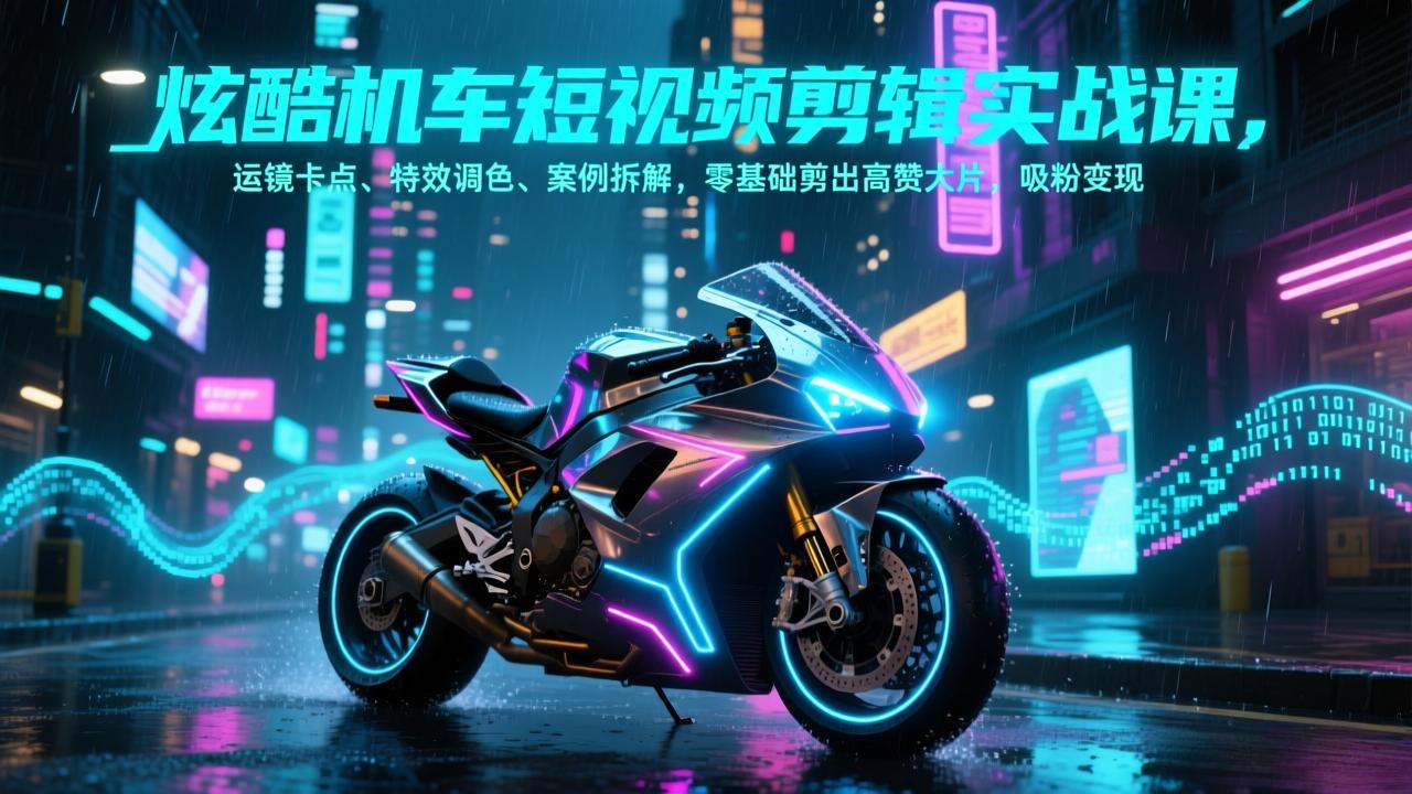 零基础机车短视频剪辑实战课：运镜卡点+特效调色+案例拆解，剪高赞大片吸粉变现