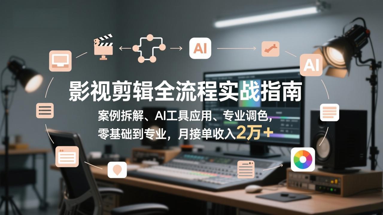 影视剪辑全流程实战：零基础到专业，案例拆解+AI工具+专业调色，月接单收入2万+